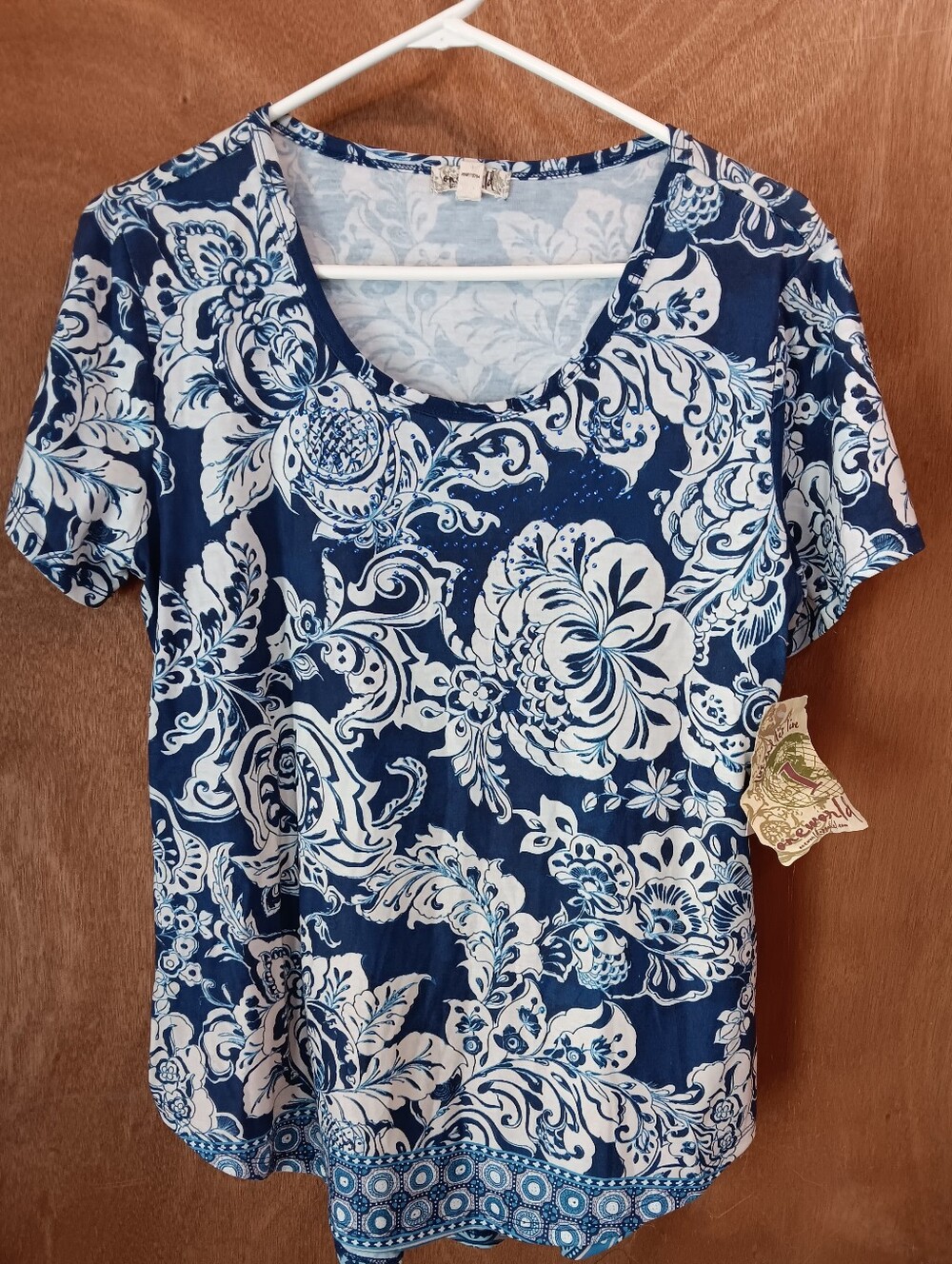 ONE WORLD Navy and White Floral Scoop Neck Short Sleeve Top